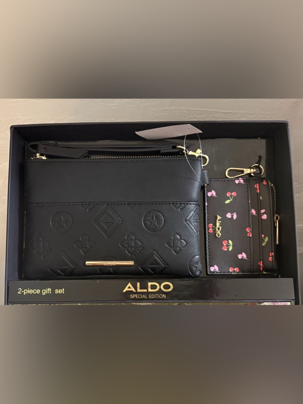 ALDO Special Edition Black Embossed Wrislet Bag w/Heart Cherry Card Holder set